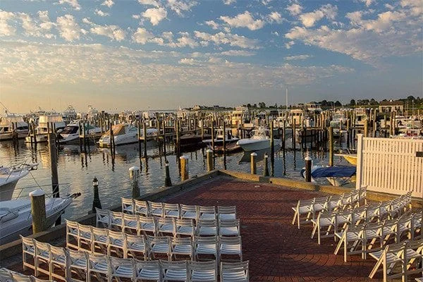 Wedding venue setup at a marina.